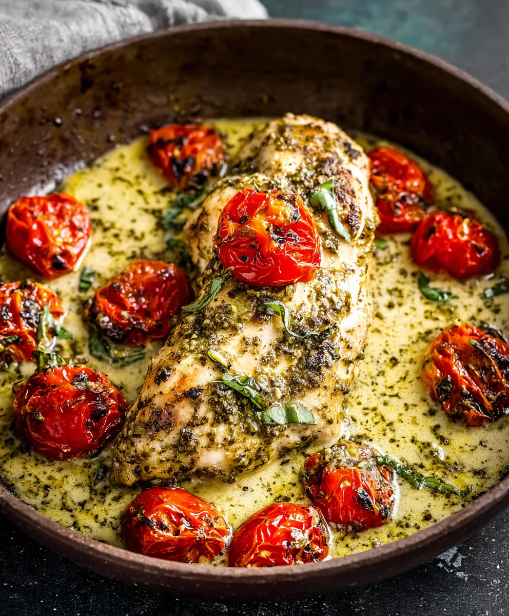 Creamy Pesto Chicken-Roasted Tomato Delight