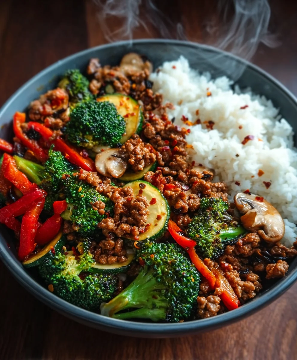 Spicy Ground Beef Stir Fry-Garlic Veggies & Rice