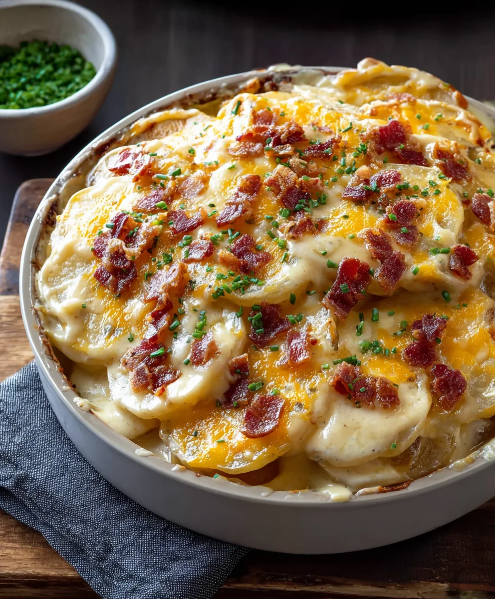 Loaded Scalloped Potatoes-Creamy Cheesy Beef Delight