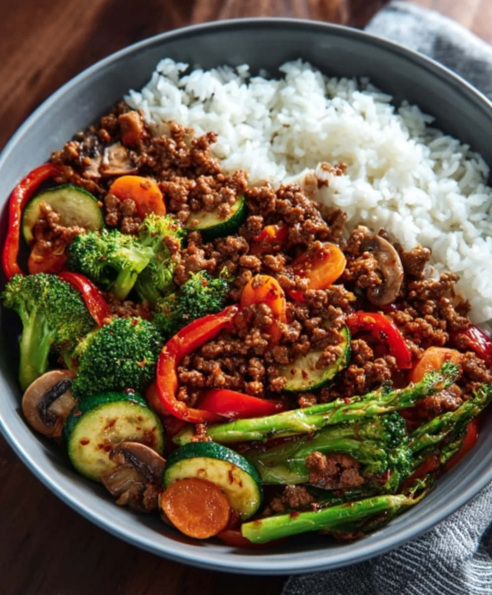 Spicy Ground Beef Stir Fry-Garlic Veggies & Rice