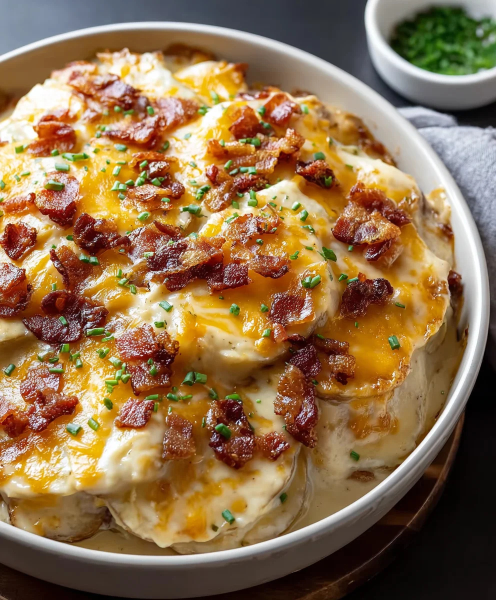 Loaded Scalloped Potatoes-Creamy Cheesy Beef Delight