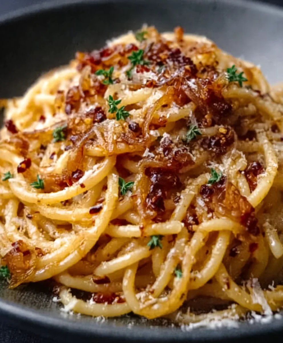 Spicy Caramelized Onion Pasta with Chili Oil Flavor Bomb