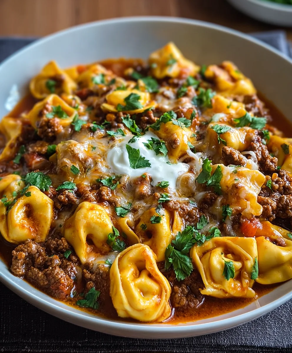 Cheesy Beef Enchilada Tortellini Skillet-Easy Recipe