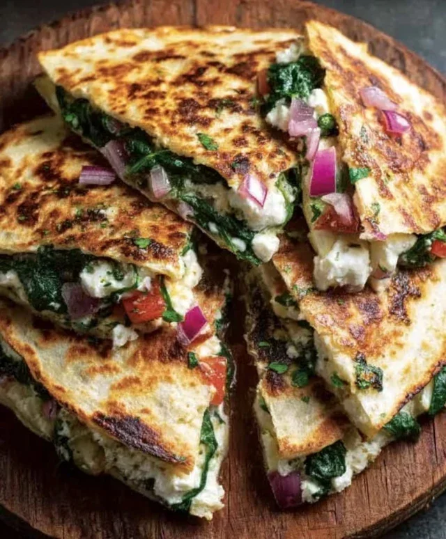 Mediterranean Quesadillas with Spinach, Feta, Mozzarella, and Red Onion