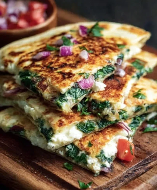 Mediterranean Quesadillas with Spinach, Feta, Mozzarella, and Red Onion