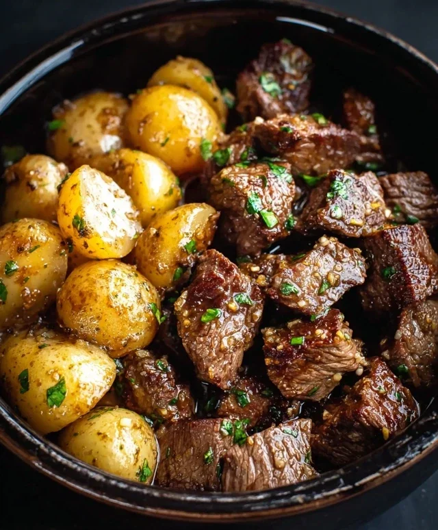Slow Cooker Garlic Butter Beef Bites with Potatoes