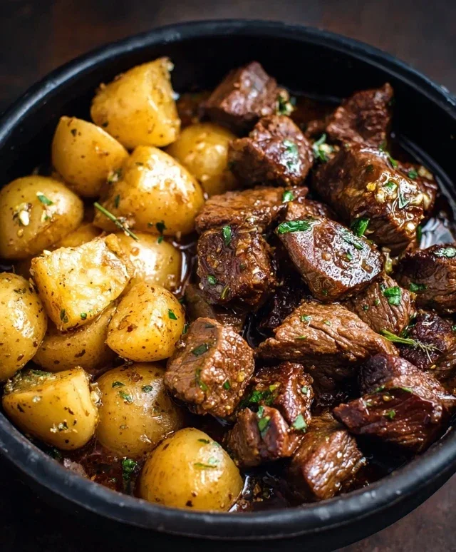 Slow Cooker Garlic Butter Beef Bites with Potatoes