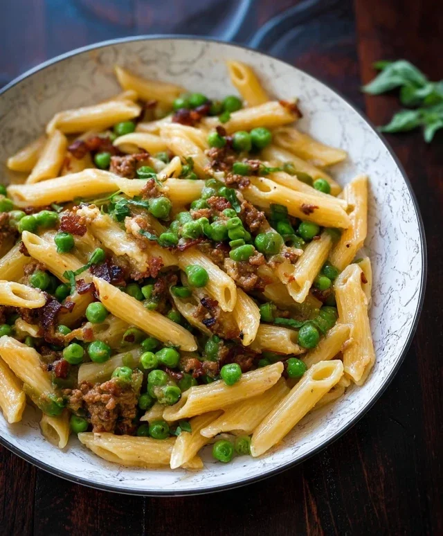 Penne Pasta, Peas and Beef Beef Bacon