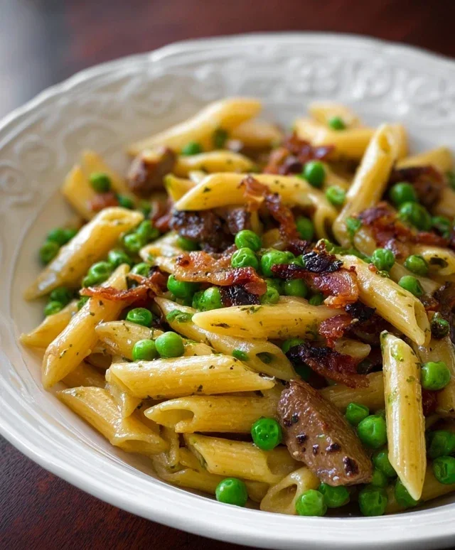 Penne Pasta, Peas and Beef Beef Bacon