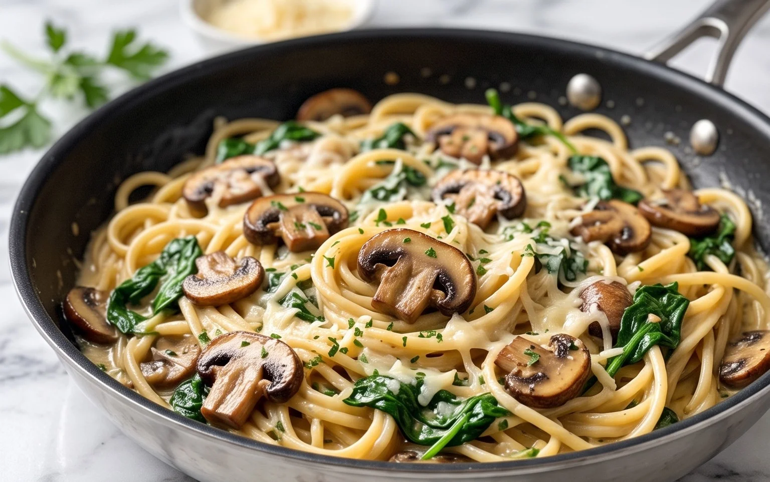 Parmesan Spinach Mushroom Pasta Skillet