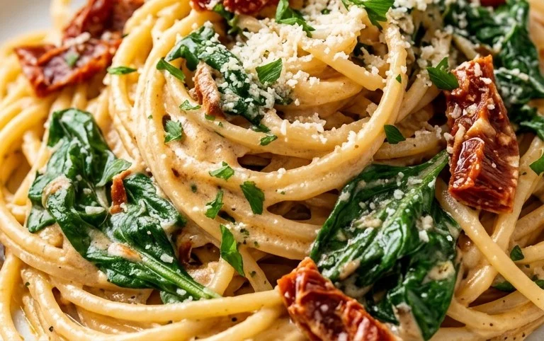 Spaghetti & Spinach with Sun-Dried Tomato Cream Sauce