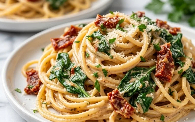 Spaghetti & Spinach with Sun-Dried Tomato Cream Sauce