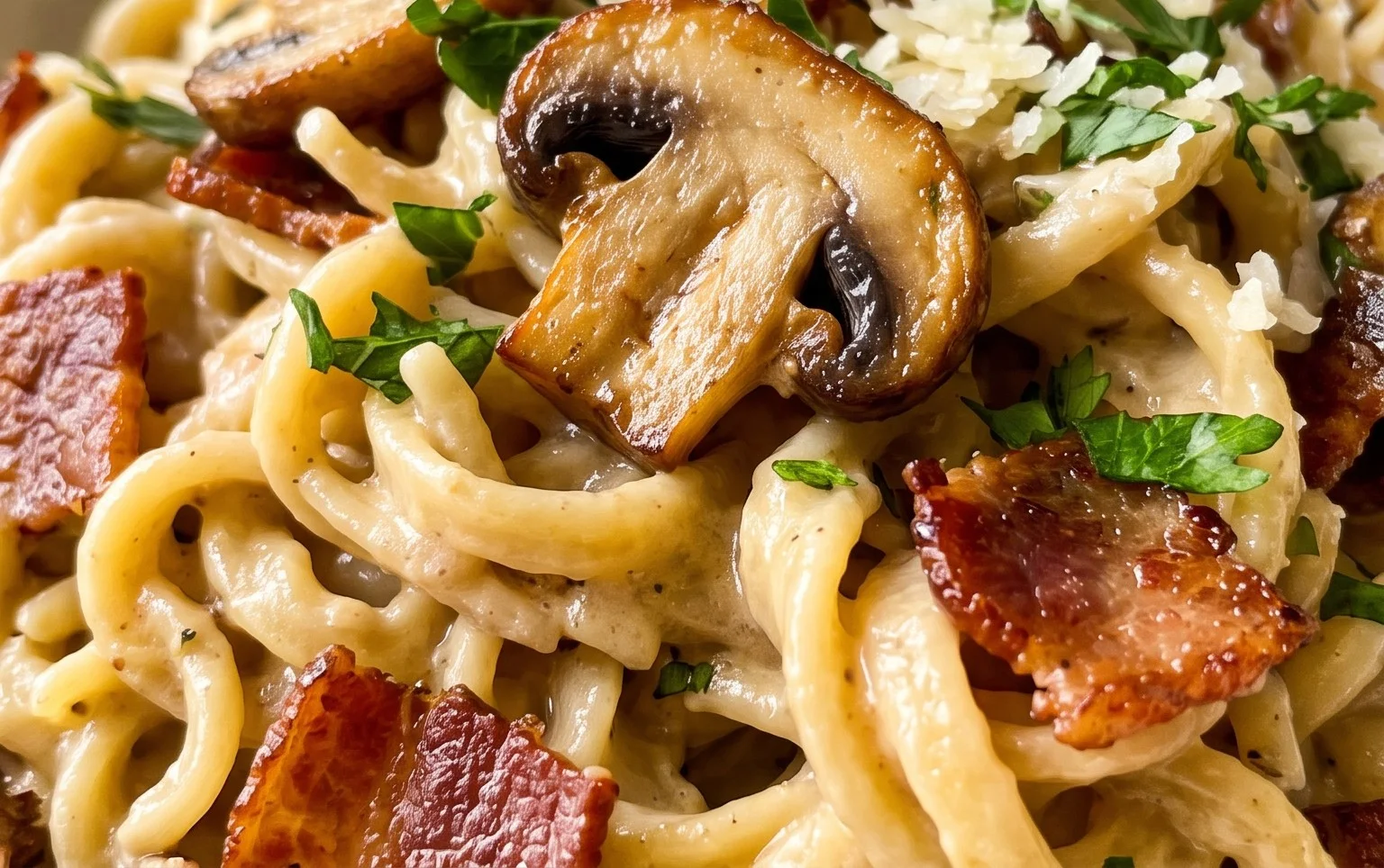 Creamy Beef Bacon and Mushroom Pasta