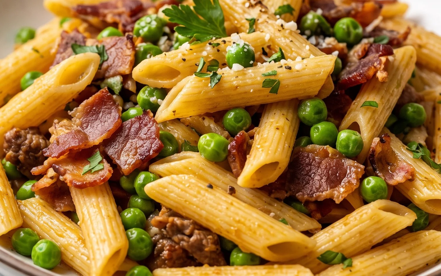 Penne Pasta, Peas and Beef Bacon