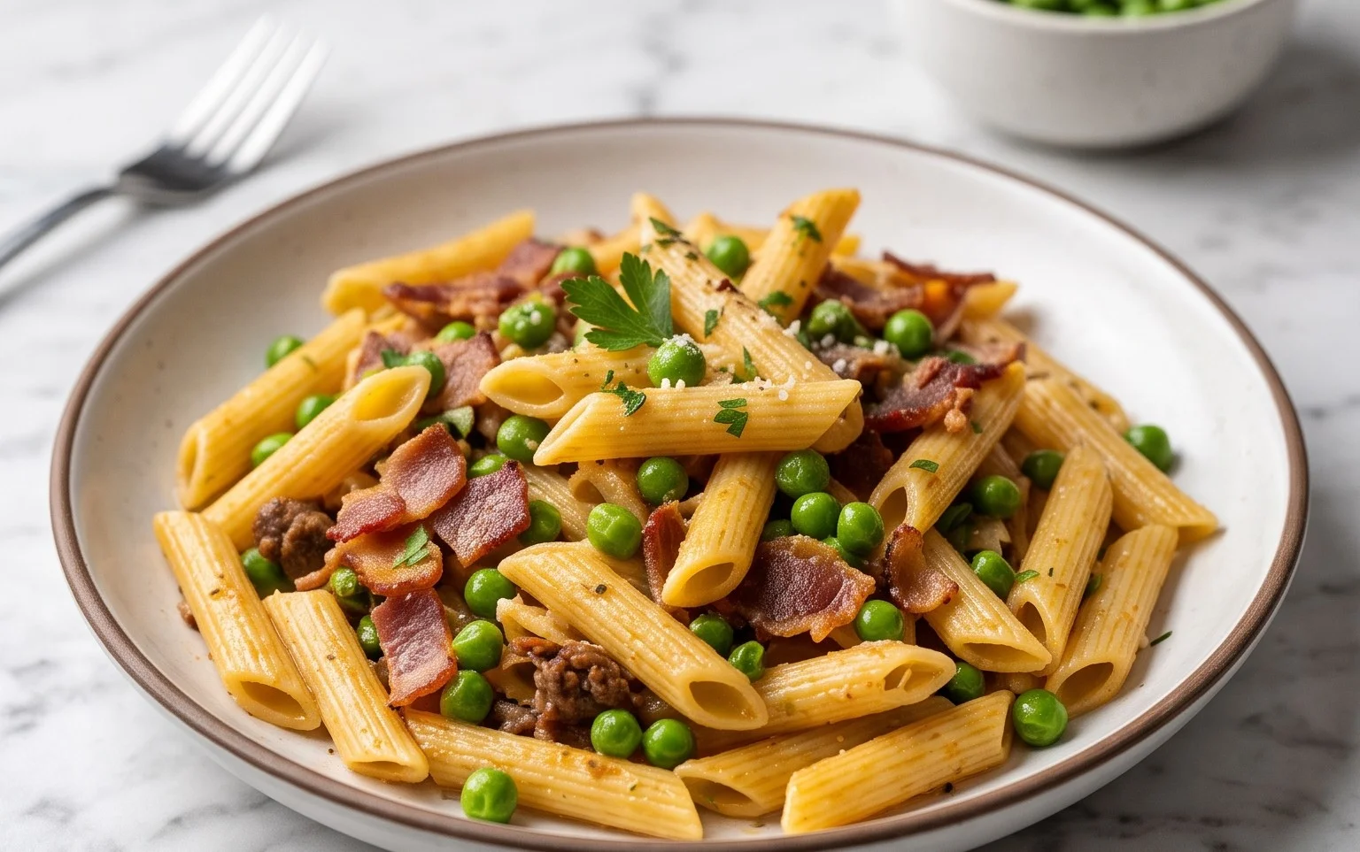 Penne Pasta, Peas and Beef Bacon