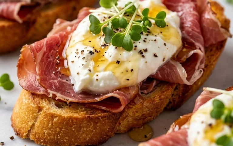 Beef Prosciutto Crostini with Burrata and Lemon Honey Drizzle