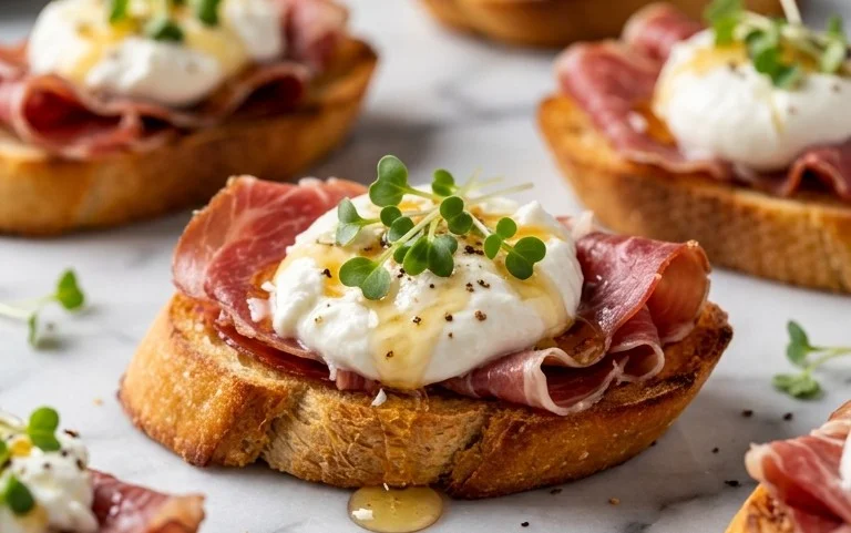 Beef Prosciutto Crostini with Burrata and Lemon Honey Drizzle